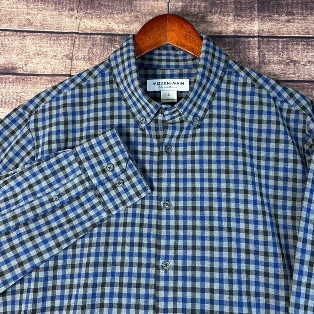 Mizzen+Main Mens Trim Fit Performance Gingham Button Down Shirt Blue Grey L